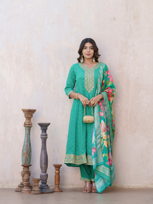 Blue Floral Embroidered Panelled Sequinned A-Line Kurta With Trousers And Dupatta