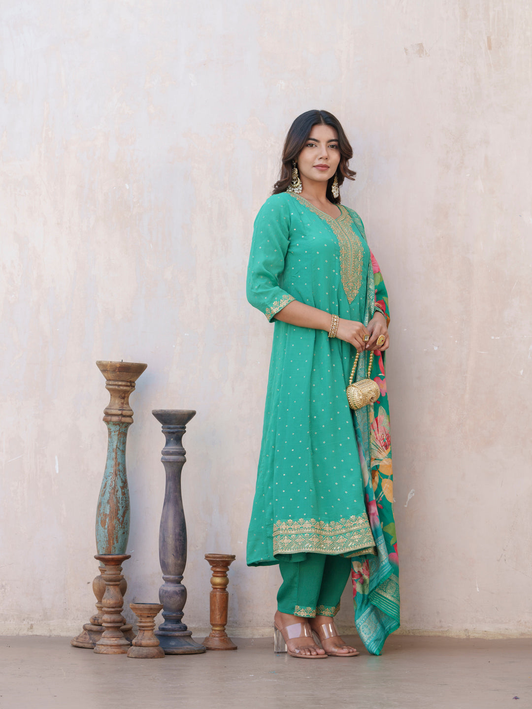 Blue Floral Embroidered Panelled Sequinned A-Line Kurta With Trousers And Dupatta