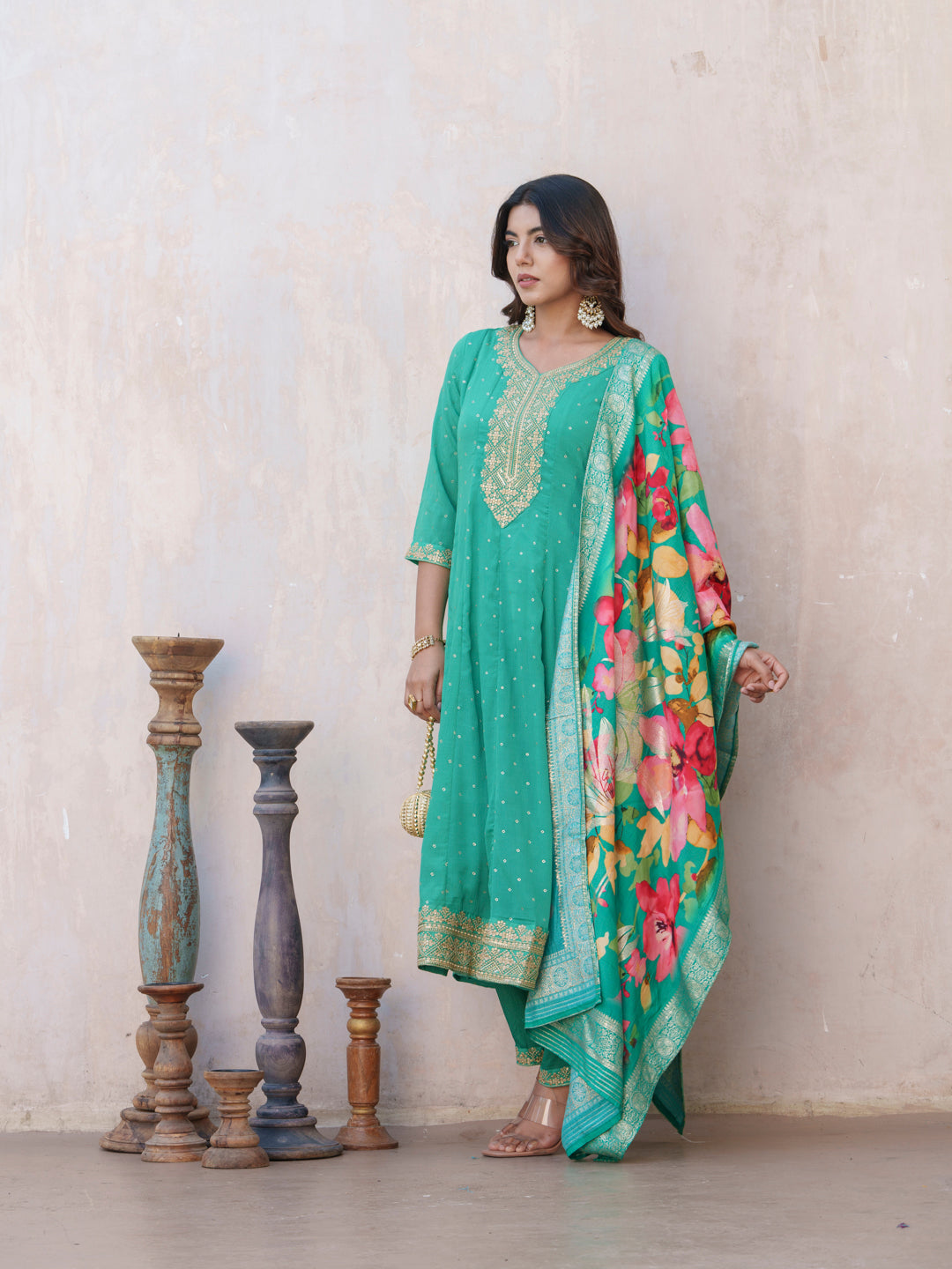 Blue Floral Embroidered Panelled Sequinned A-Line Kurta With Trousers And Dupatta