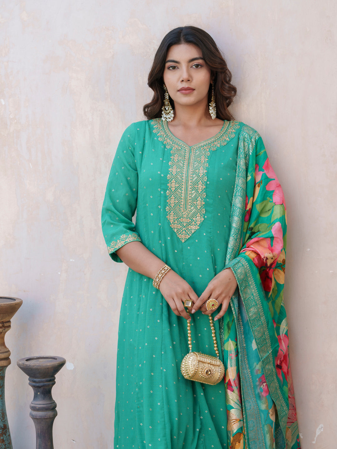 Blue Floral Embroidered Panelled Sequinned A-Line Kurta With Trousers And Dupatta