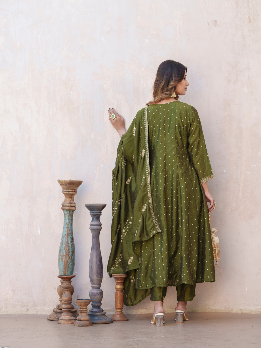 Bandhani Printed Panelled Anarkali Kurta With Trouser & Dupatta