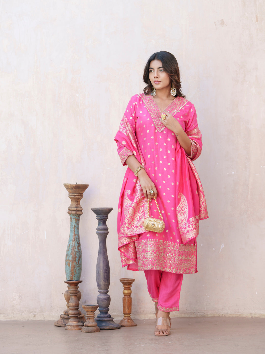 Floral Embroidered V-Neck Straight Kurta With Trouser & Dupatta