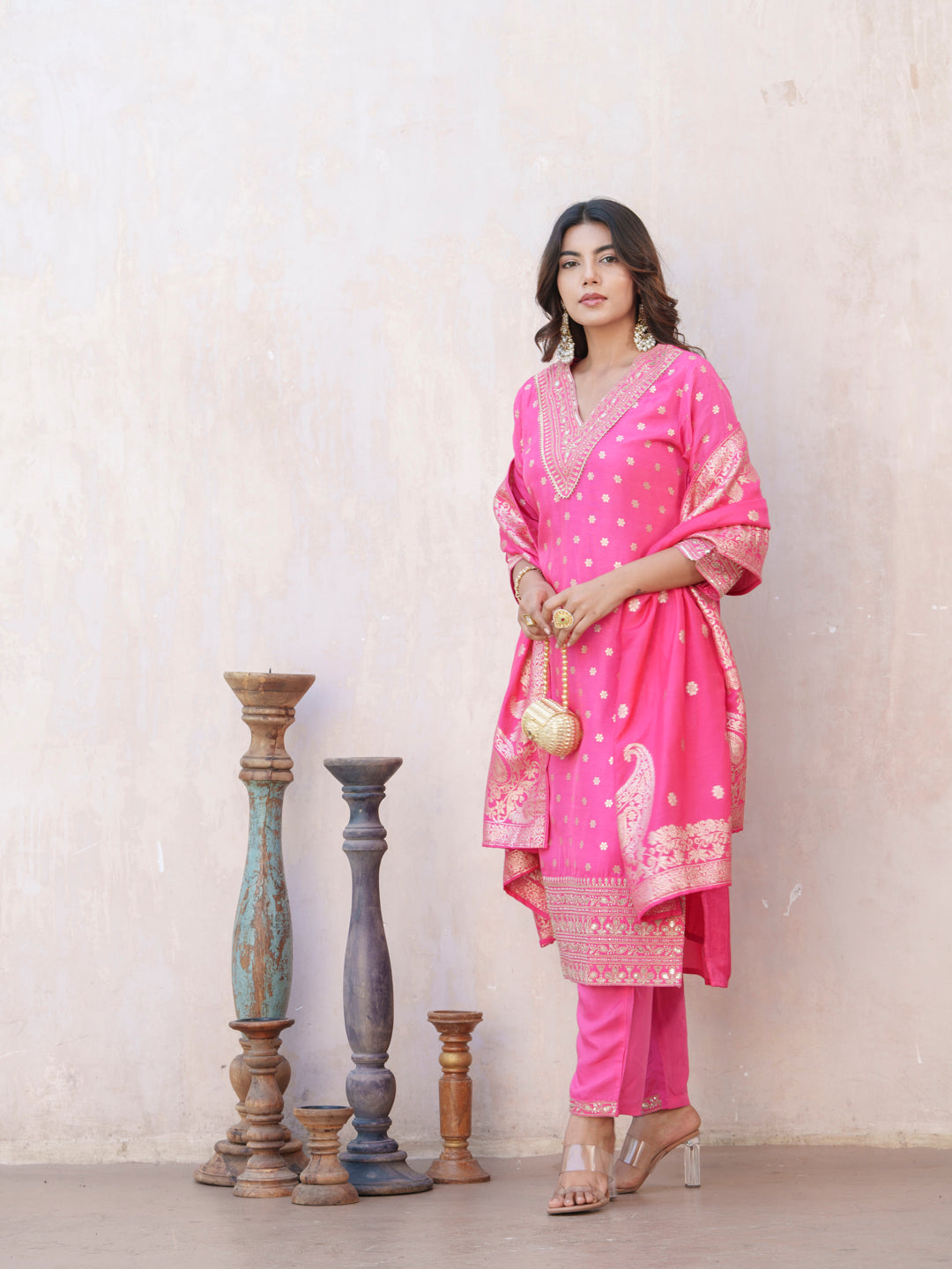 Floral Embroidered V-Neck Straight Kurta With Trouser & Dupatta