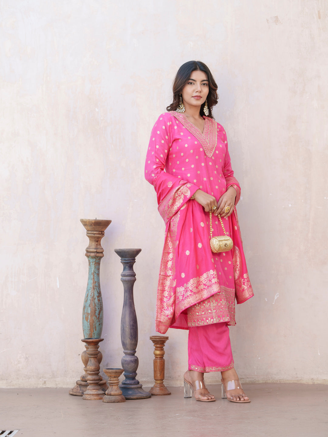 Floral Embroidered V-Neck Straight Kurta With Trouser & Dupatta