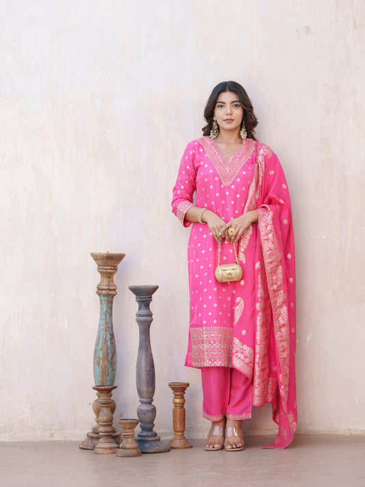 Floral Embroidered V-Neck Straight Kurta With Trouser & Dupatta