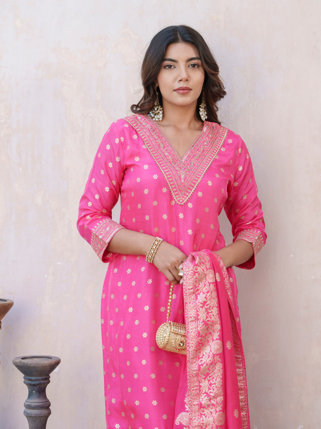 Floral Embroidered V-Neck Straight Kurta With Trouser & Dupatta