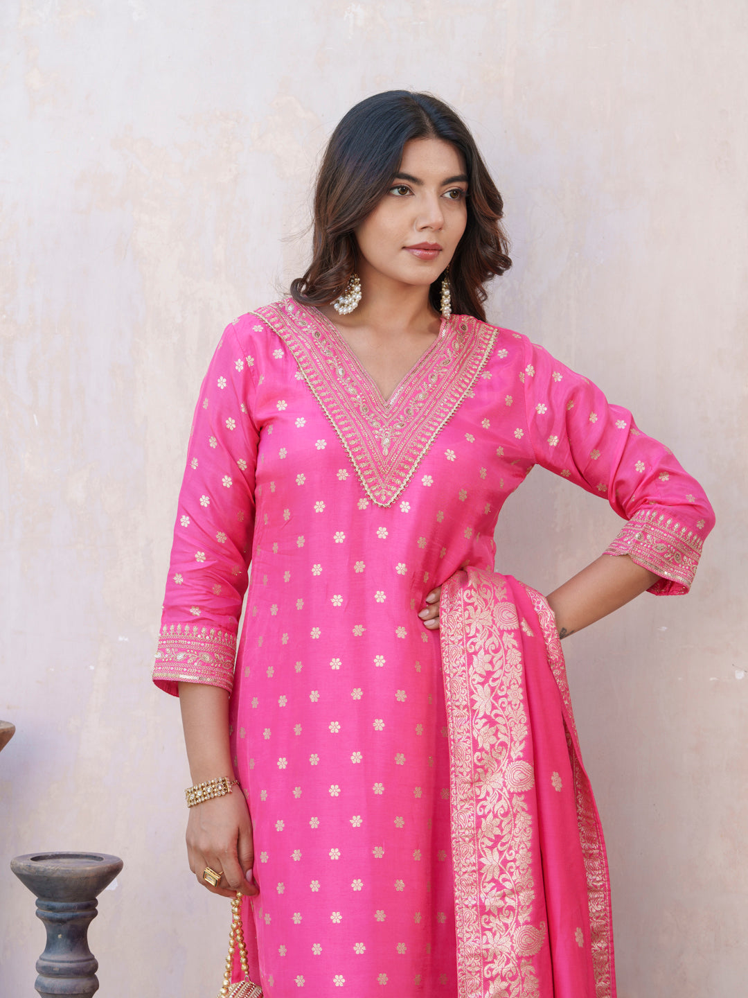 Floral Embroidered V-Neck Straight Kurta With Trouser & Dupatta