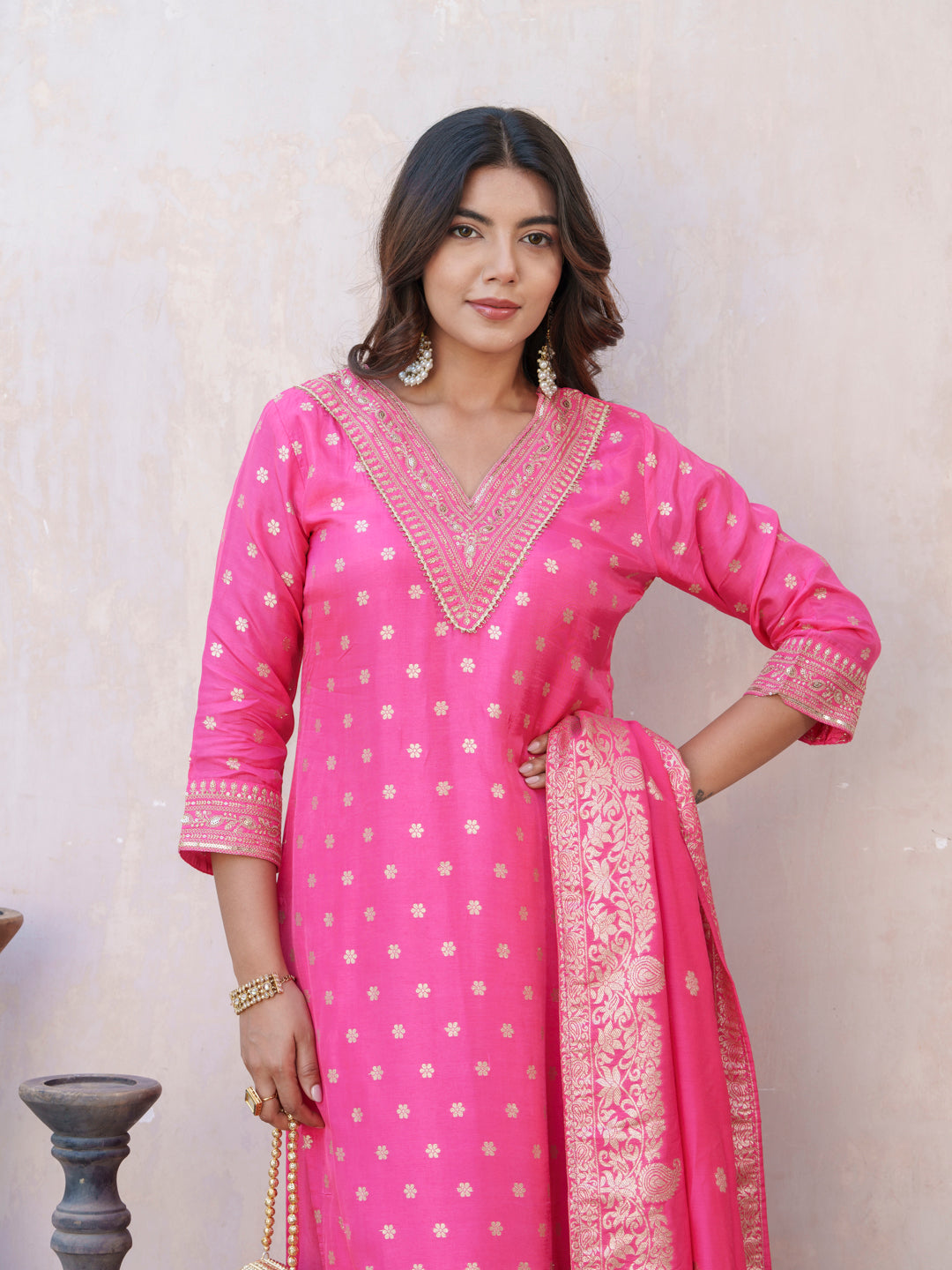 Floral Embroidered V-Neck Straight Kurta With Trouser & Dupatta