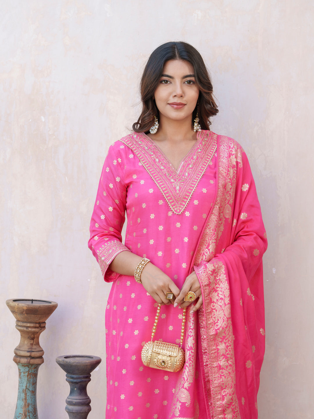 Floral Embroidered V-Neck Straight Kurta With Trouser & Dupatta
