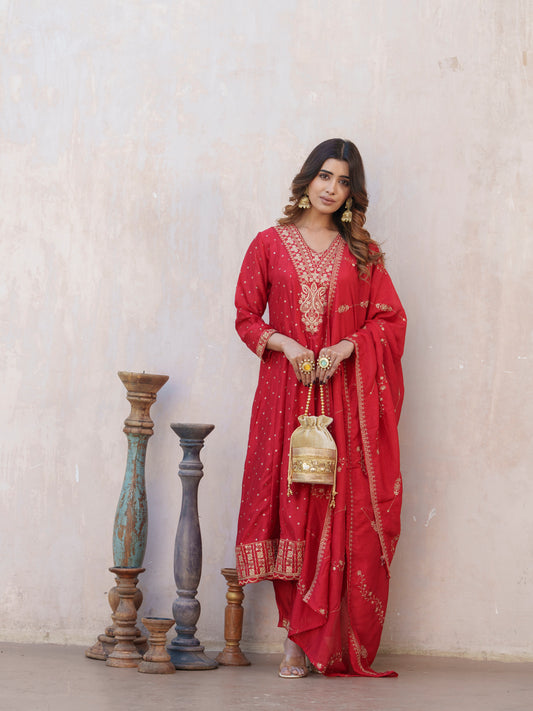 Bandhani Printed V-Neck Panelled Anarkali Kurta With Trouser & Dupatta