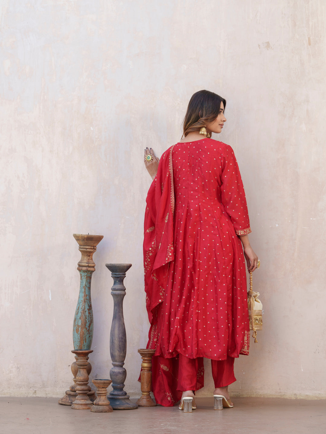 Bandhani Printed V-Neck Panelled Anarkali Kurta With Trouser & Dupatta