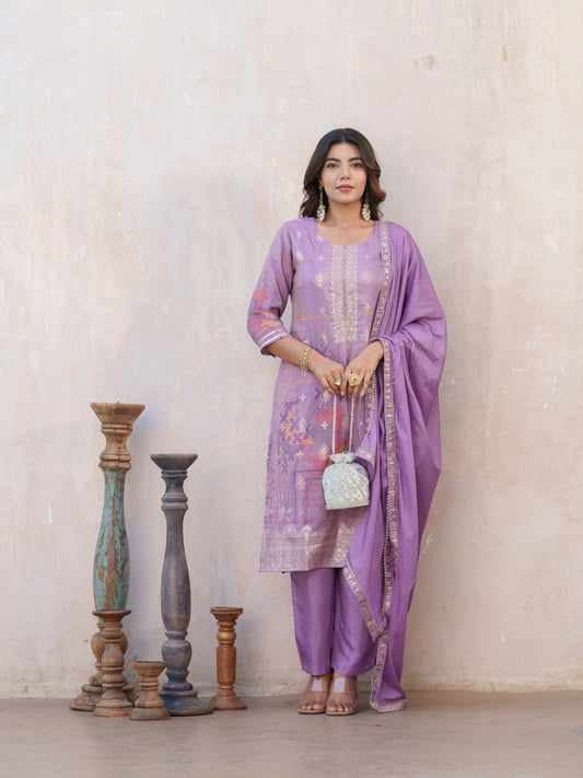Lavender Floral Embroidered Beads & Stones Straight Kurta With Trousers & Dupatta