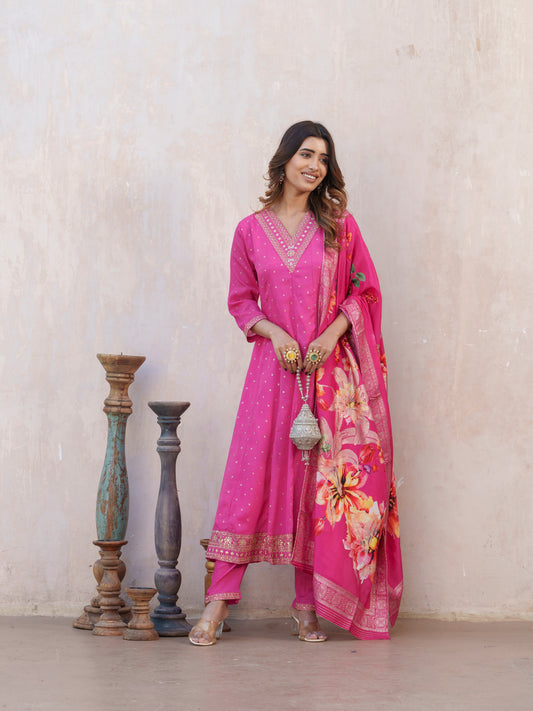 Bandhani Printed V-Neck Panelled Anarkali Kurta With Trouser & Dupatta