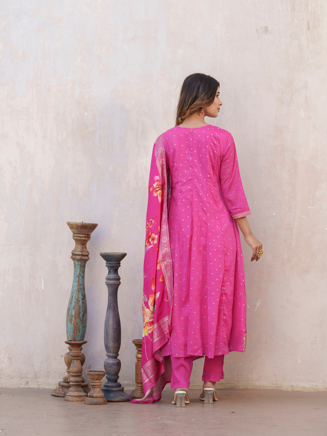 Bandhani Printed V-Neck Panelled Anarkali Kurta With Trouser & Dupatta