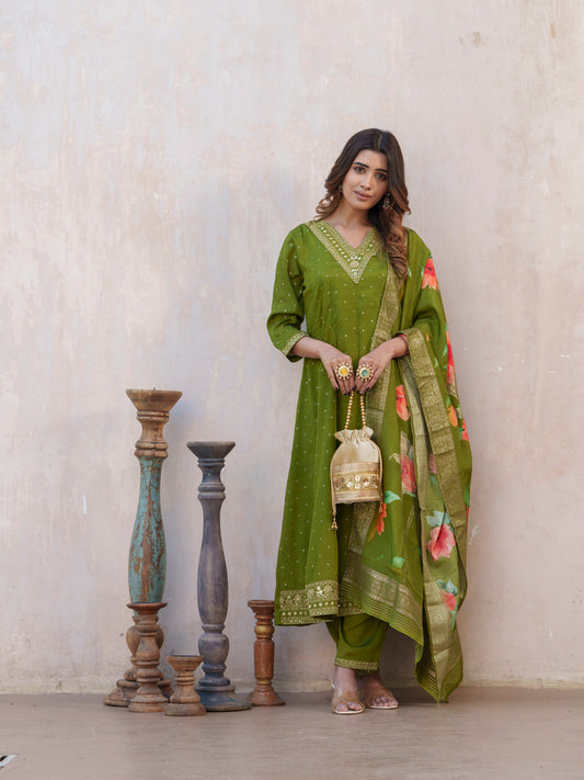 Green Ethnic Motifs Embroidered Art Silk Straight Kurta With Trousers And Dupatta