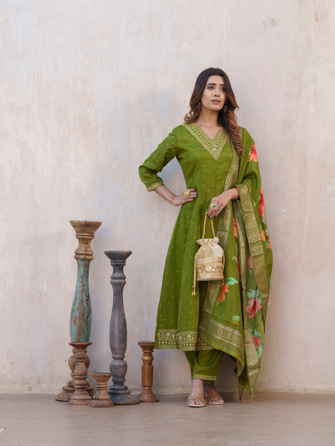 Green Ethnic Motifs Embroidered Art Silk Straight Kurta With Trousers And Dupatta