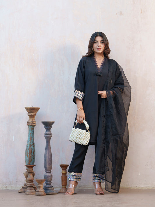 Self Design V-Neck Straight Kurta & Trouser With Dupatta