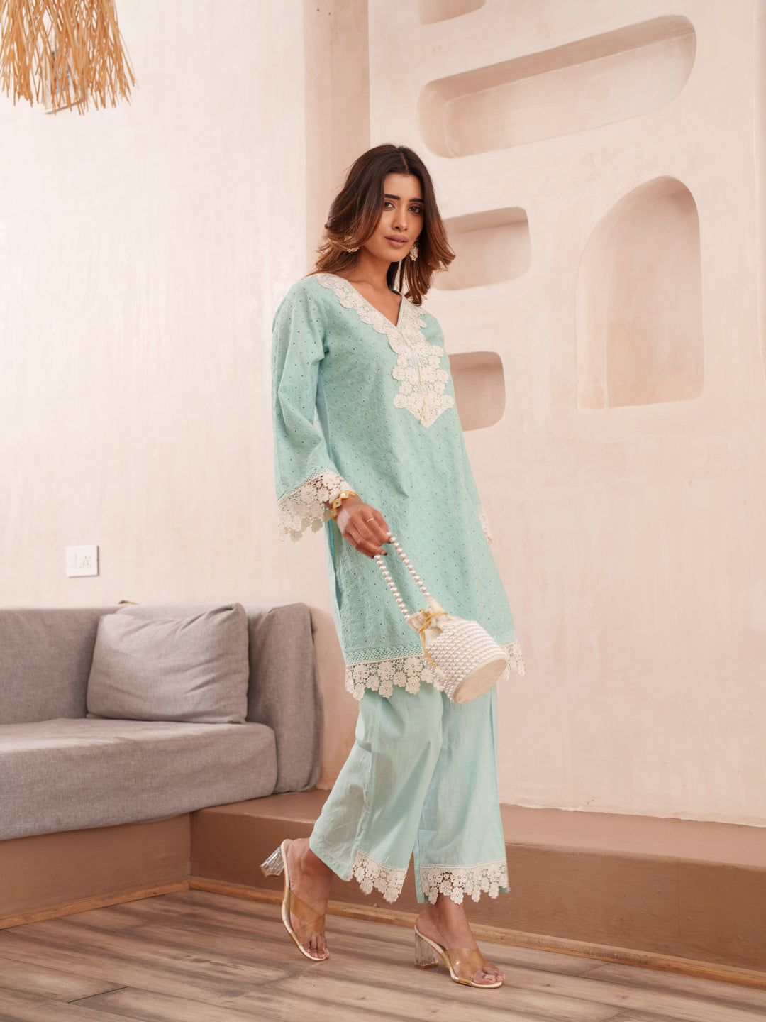 Embroidered V-Neck Pure Cotton Tunic & Trouser