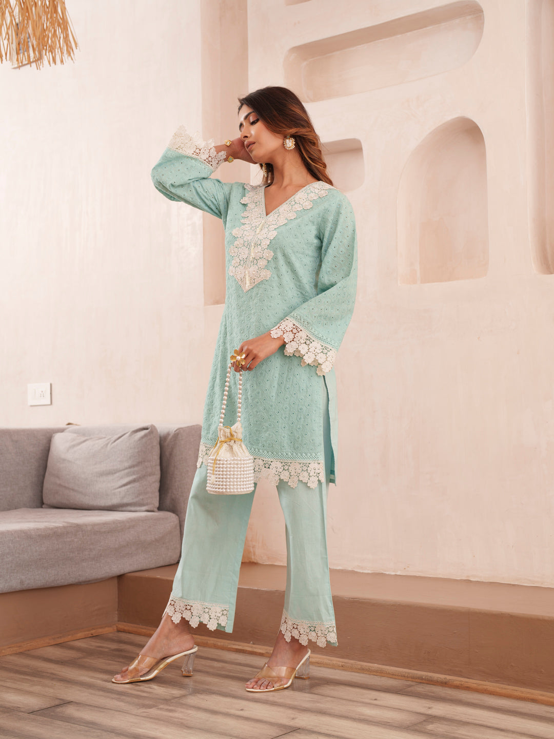 Embroidered V-Neck Pure Cotton Tunic & Trouser