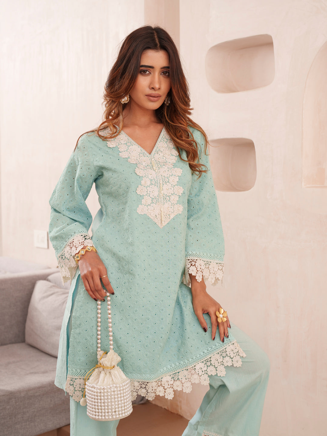 Embroidered V-Neck Pure Cotton Tunic & Trouser