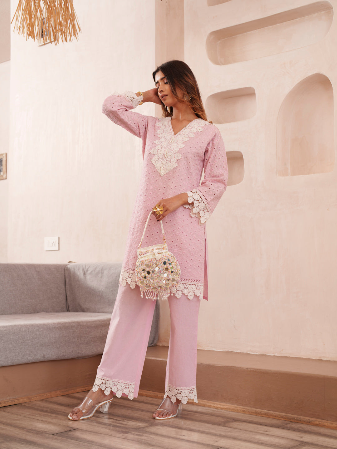Embroidered V-Neck Pure Cotton Tunic & Trouser