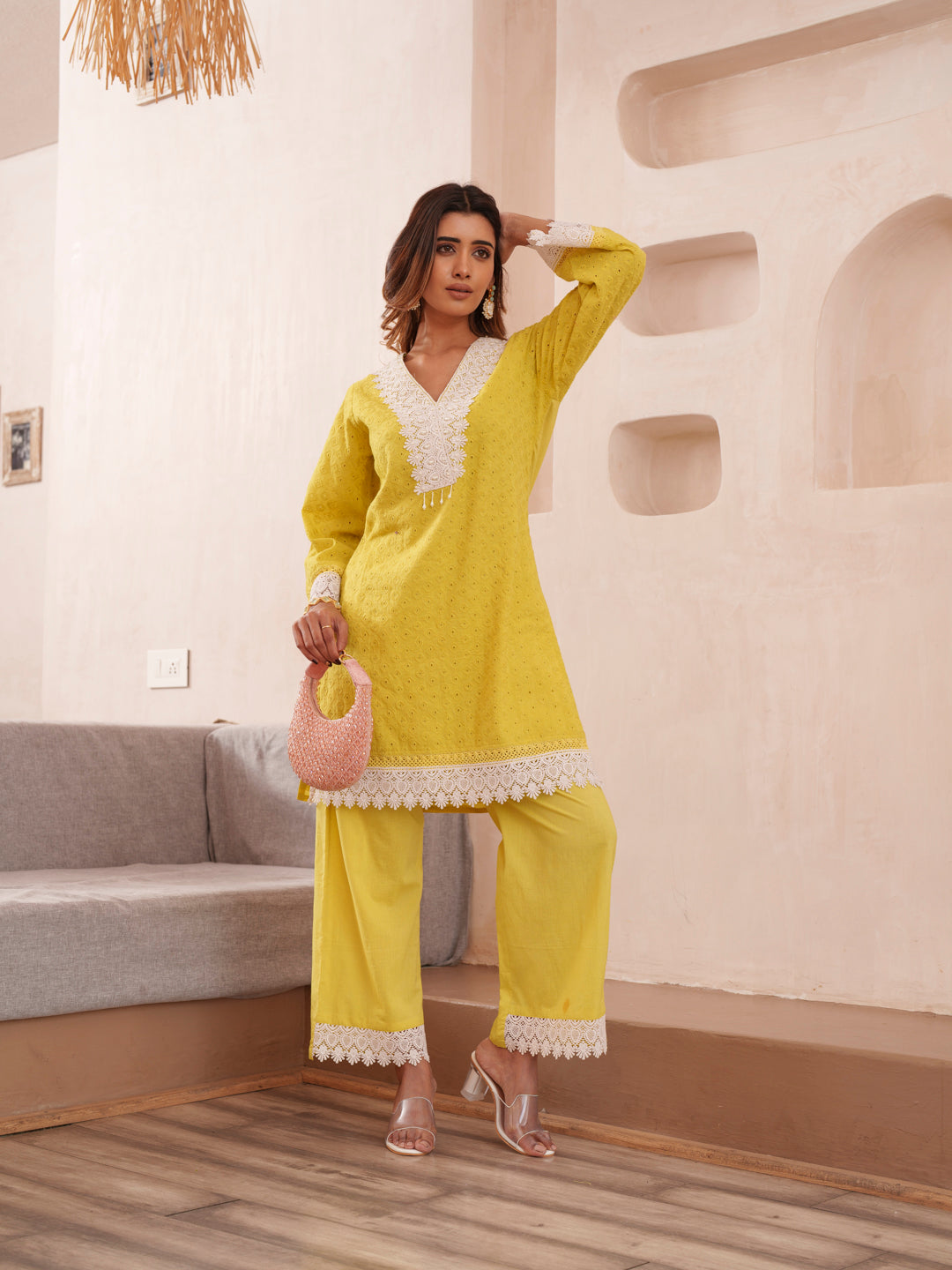 Embroidered V-Neck Pure Cotton Tunic & Trouser