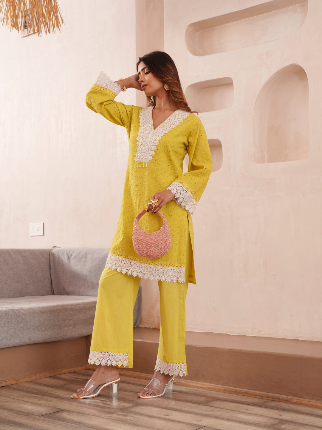 Embroidered V-Neck Pure Cotton Tunic & Trouser