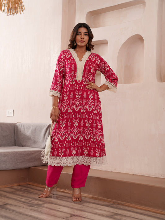 Pink Ethnic Motif Printed V-Neck Straight Kurta With Trousers