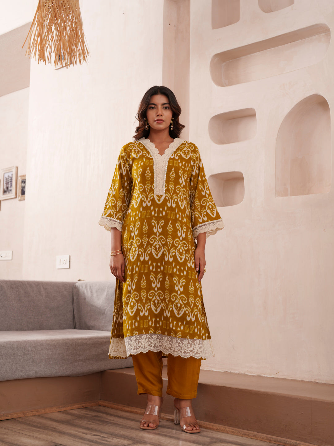 Yellow Ethnic Motif Printed V-Neck Straight Kurta With Trousers