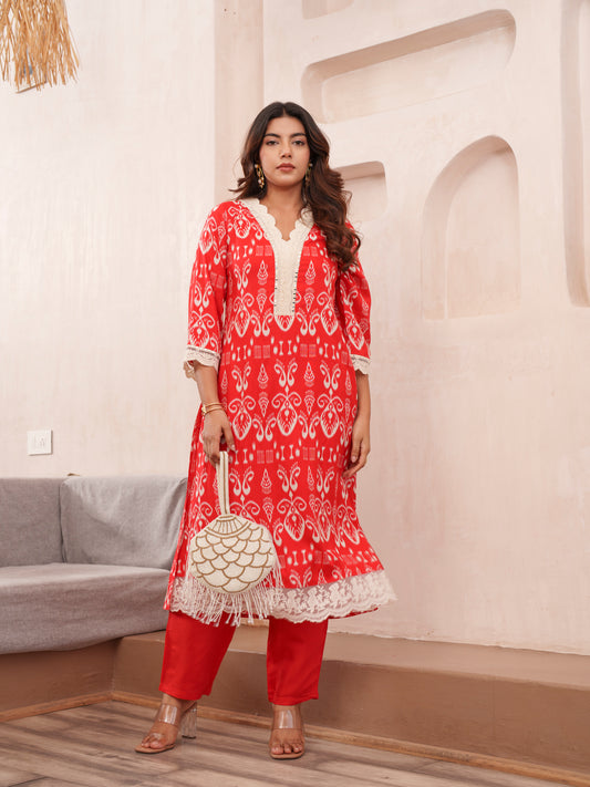 Red Ethnic Motif Printed V-Neck Straight Kurta With Trousers