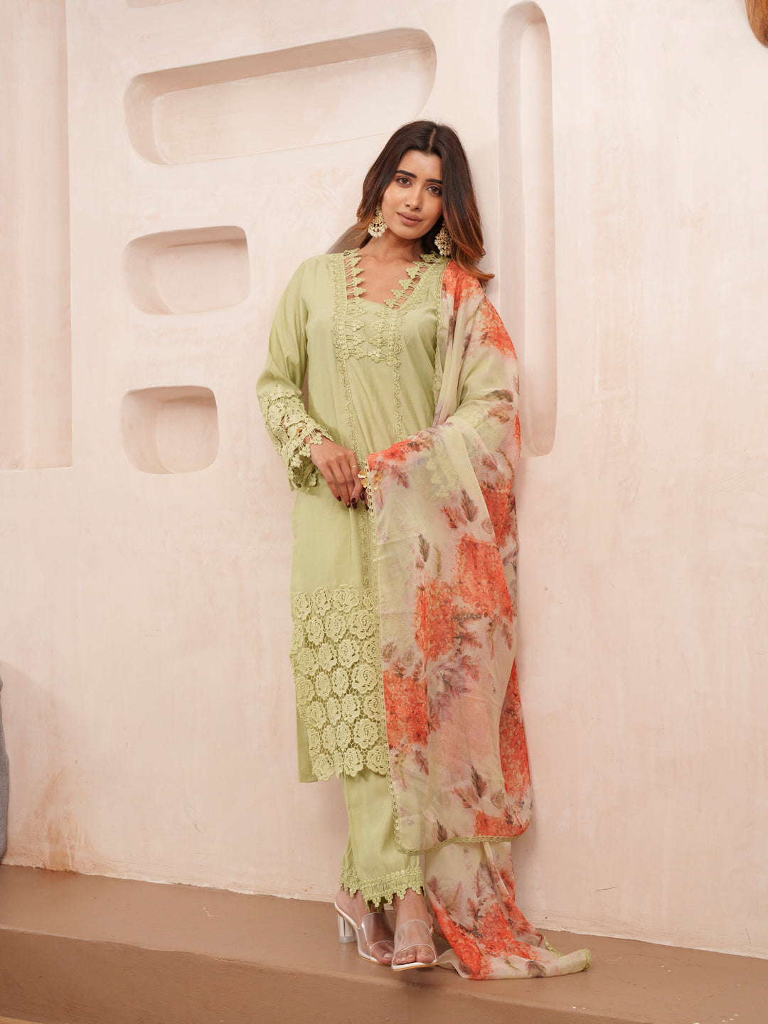 Rasion Silk Lace Work with Sequins Embellished Olive Kurta Pant & Dupatta