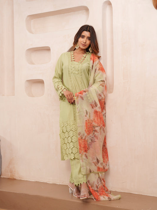 Rasion Silk Lace Work with Sequins Embellished Olive Kurta Pant & Dupatta