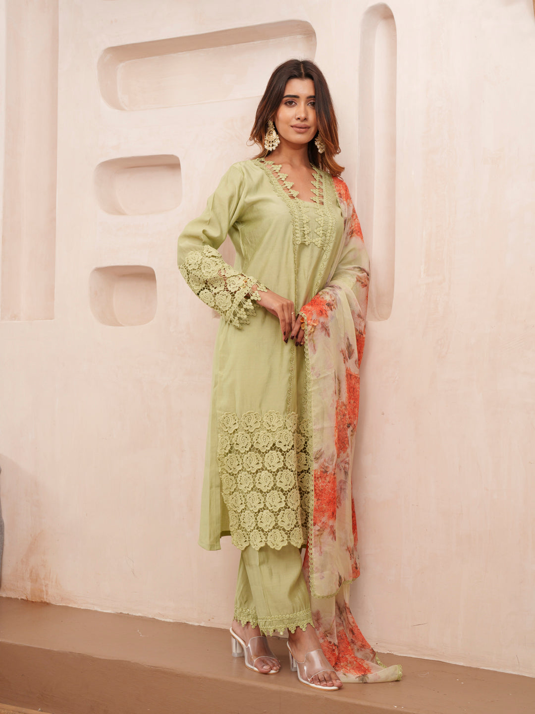 Rasion Silk Lace Work with Sequins Embellished Olive Kurta Pant & Dupatta