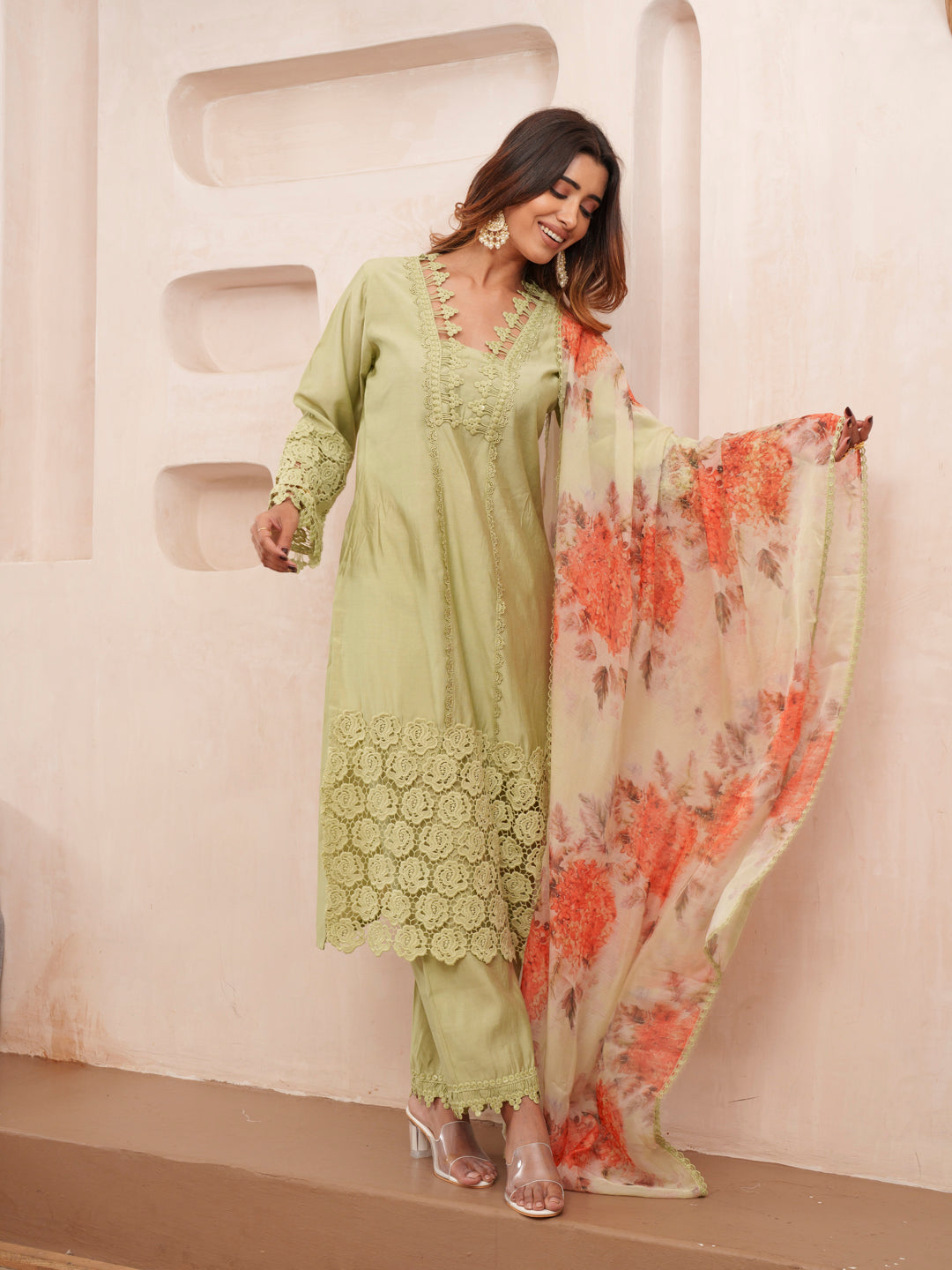Rasion Silk Lace Work with Sequins Embellished Olive Kurta Pant & Dupatta