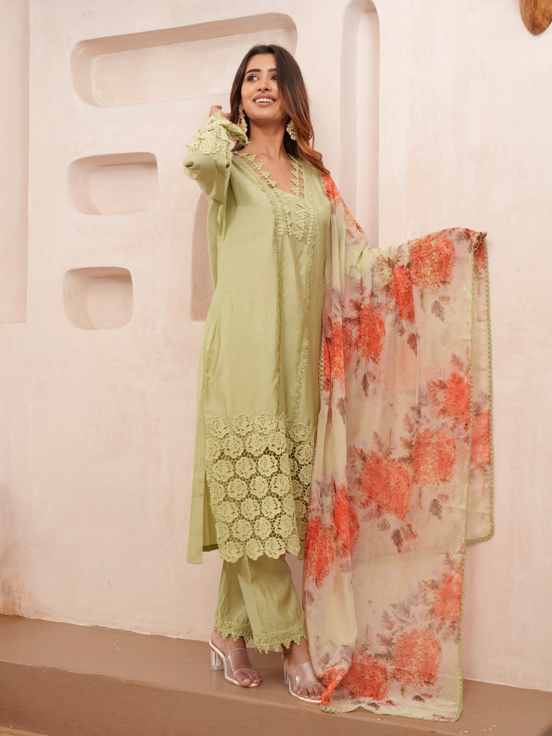 Rasion Silk Lace Work with Sequins Embellished Olive Kurta Pant & Dupatta