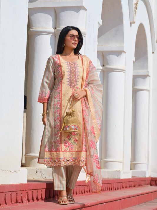 Printed Round Neck Kurta & Trousers With Dupatta