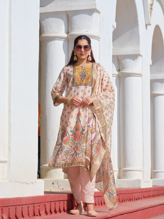 Printed Cotton Round Neck Kurta & Trousers With Dupatta