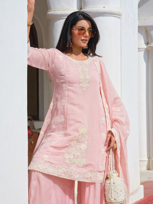 Womens Pink Embroidered Mul Chanderi Straight Kurta With Sharara & Dupatta