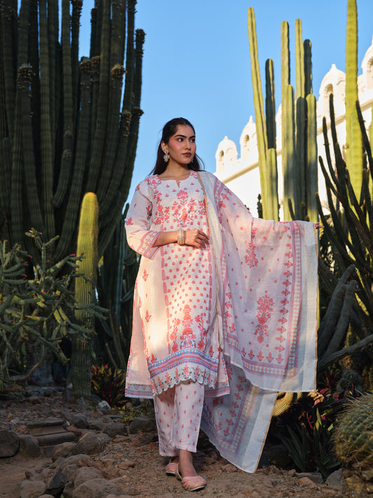 Ivory Chanderi Embroidered Kurta Set with Coral Floral Thread Work & Dupatta