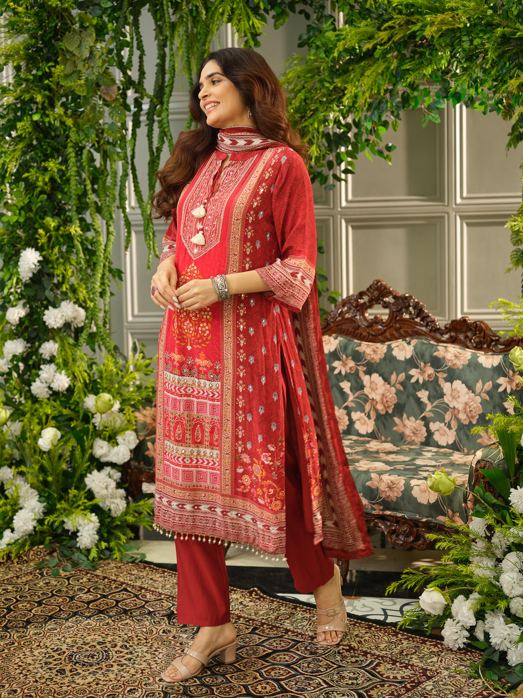 Red Digital Print Kurta Set with Heavy Handwork & Dupatta