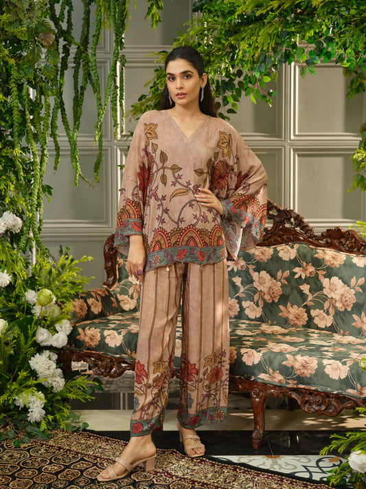 Multicolor Printed Poncho  Co-ord Set in Earthy Beige with Folk-Inspired Motifs