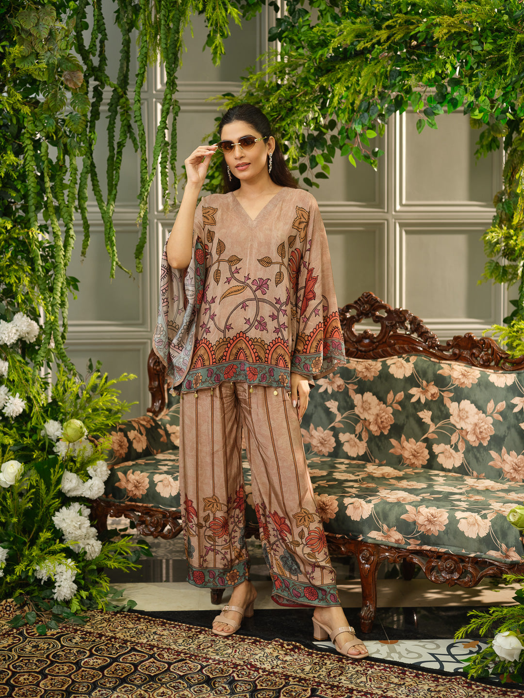 Multicolor Printed Poncho  Co-ord Set in Earthy Beige with Folk-Inspired Motifs