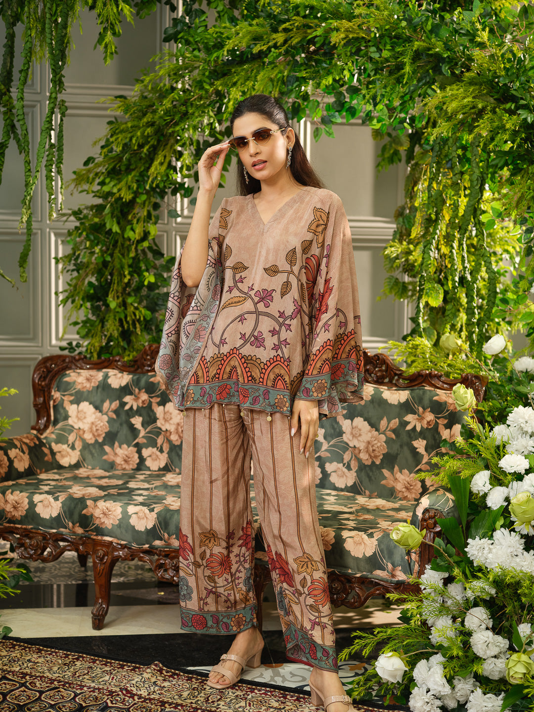 Multicolor Printed Poncho  Co-ord Set in Earthy Beige with Folk-Inspired Motifs