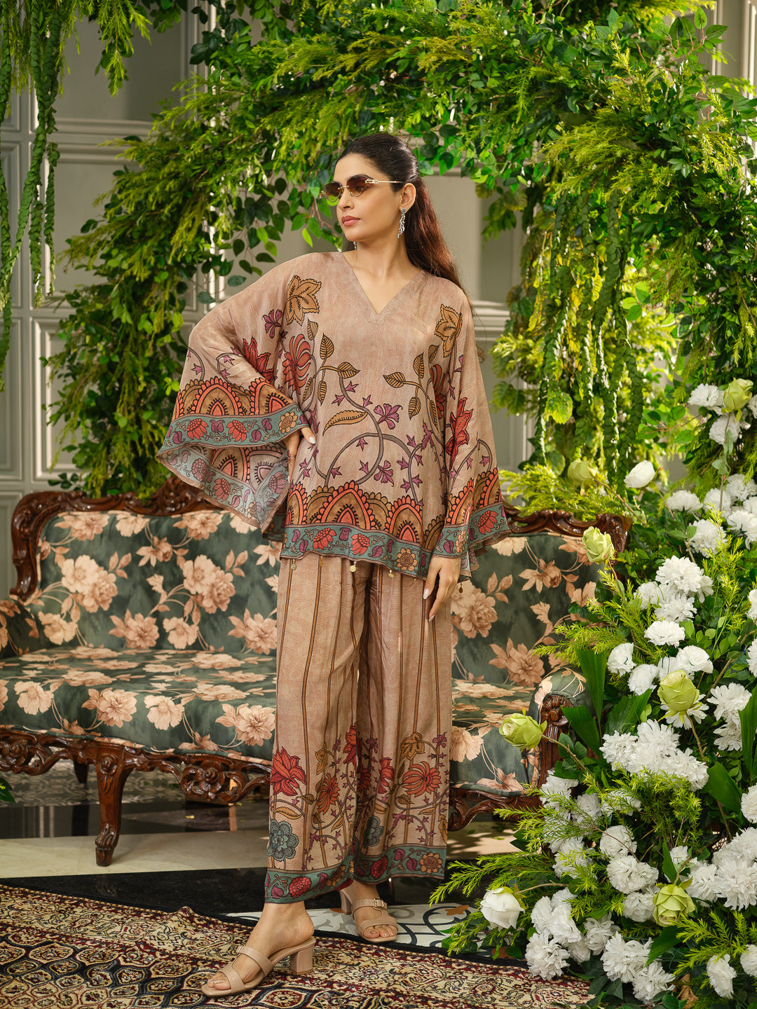 Multicolor Printed Poncho  Co-ord Set in Earthy Beige with Folk-Inspired Motifs