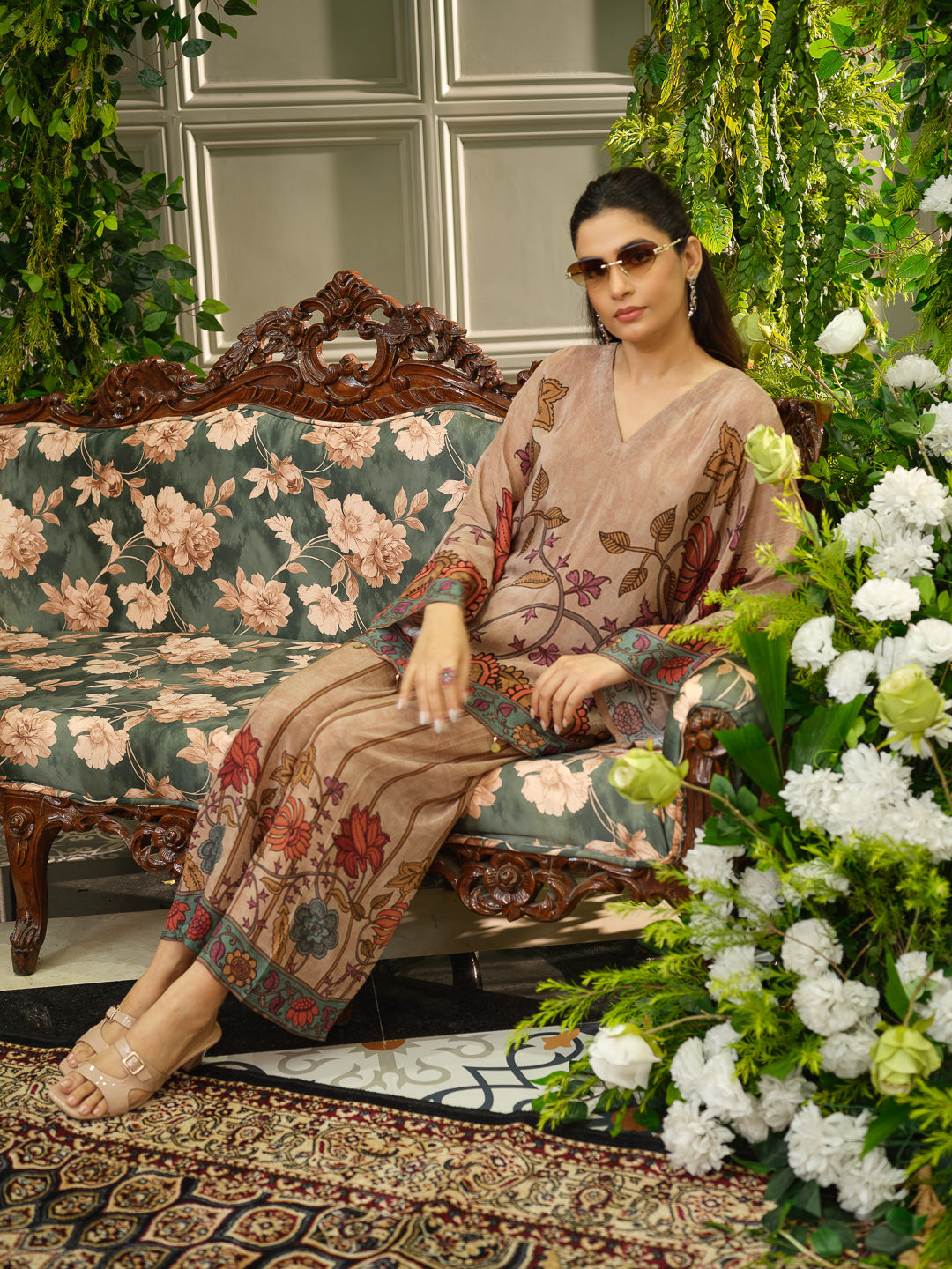 Multicolor Printed Poncho  Co-ord Set in Earthy Beige with Folk-Inspired Motifs