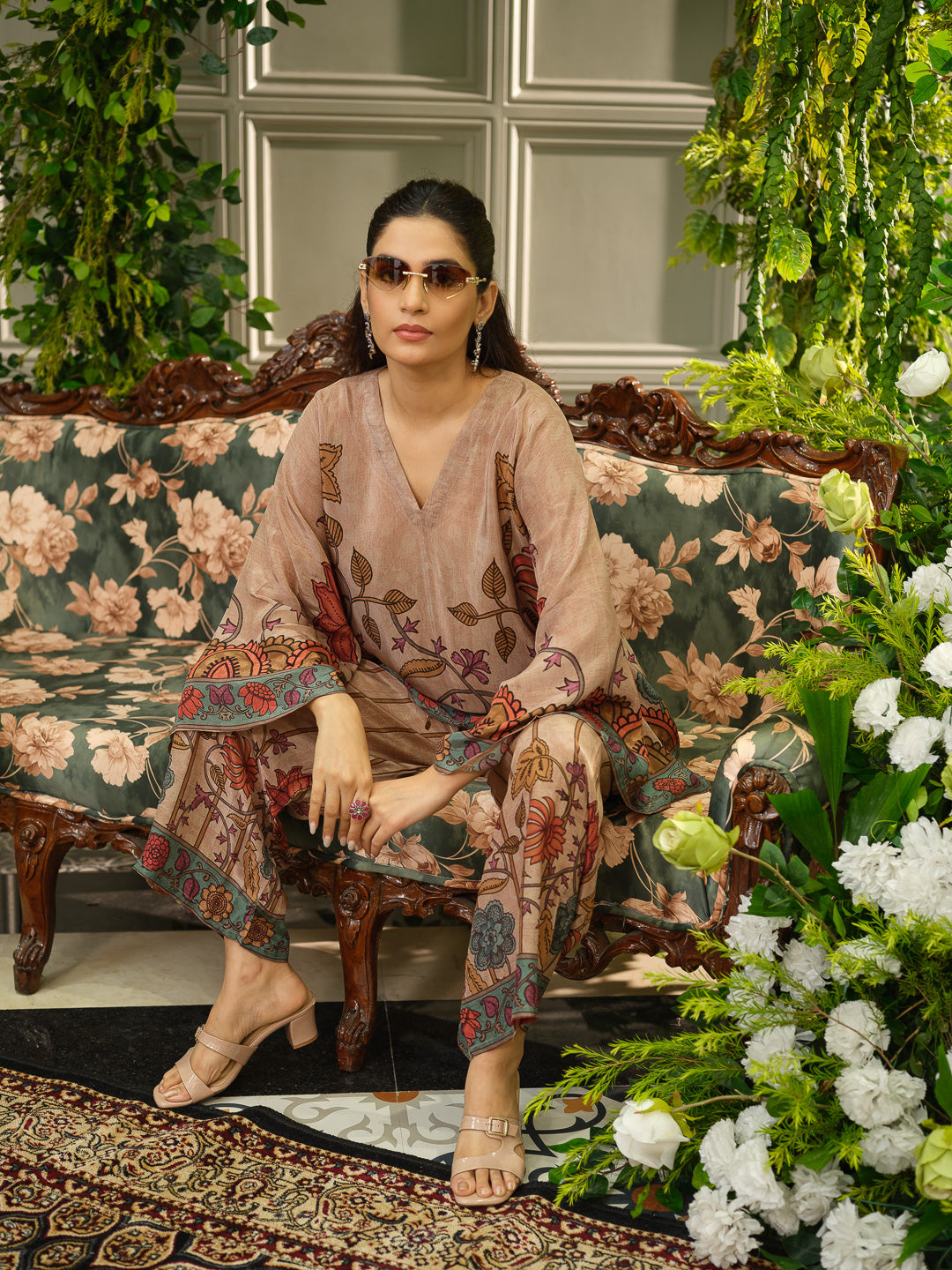 Multicolor Printed Poncho  Co-ord Set in Earthy Beige with Folk-Inspired Motifs