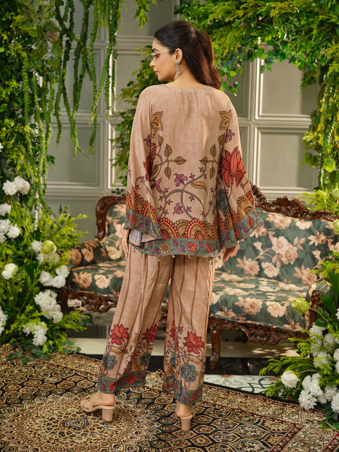 Multicolor Printed Poncho  Co-ord Set in Earthy Beige with Folk-Inspired Motifs