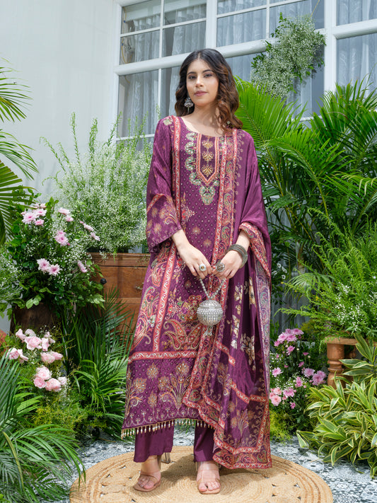 Purple Crepe Embroidered Pakistani Style Kurta Set with Dupatta – Mirror & Shell Work
