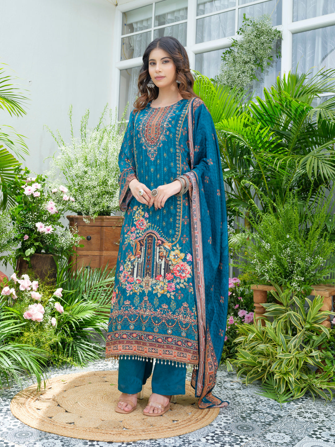 Teal Pakistani Suit with Hand & Mirror Work | 3Pc Festive Ensemble