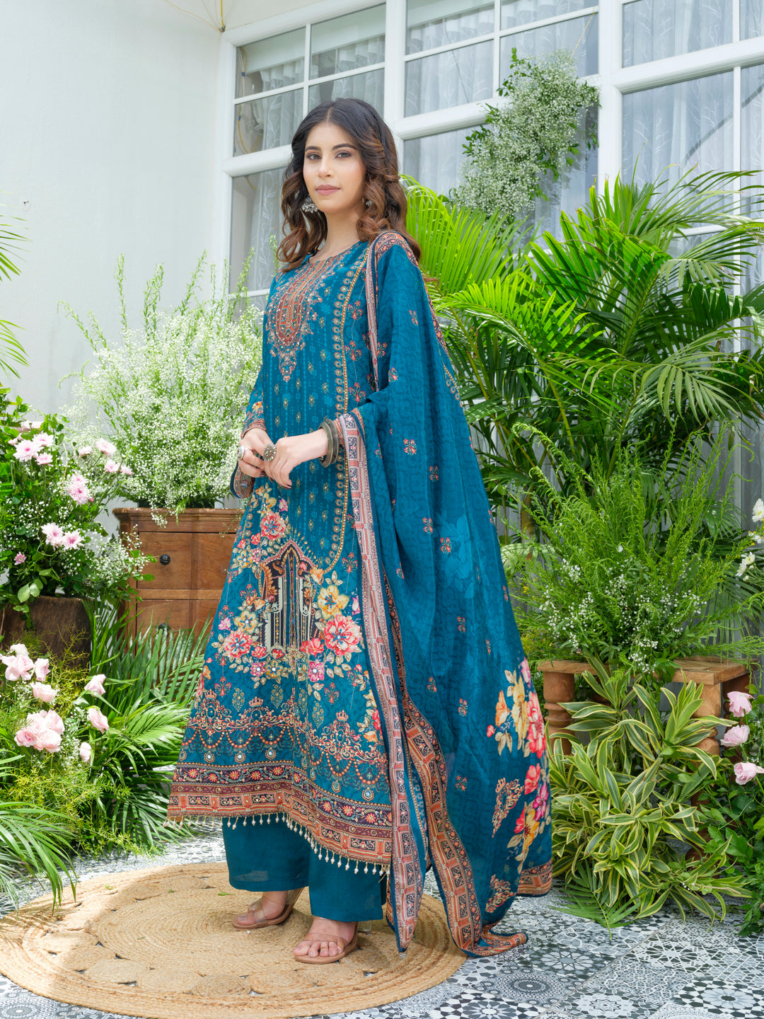 Teal Pakistani Suit with Hand & Mirror Work | 3Pc Festive Ensemble